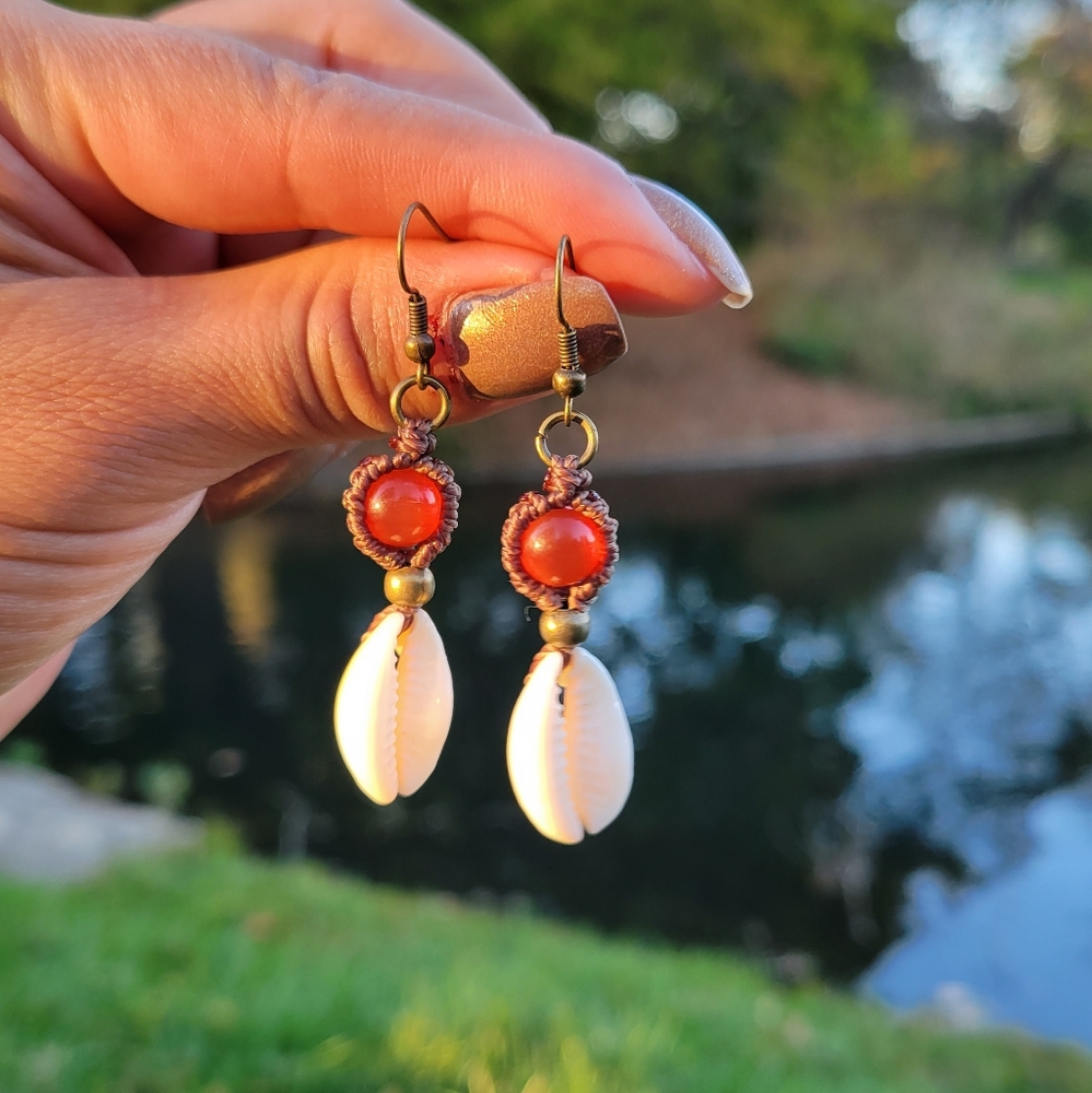 Handmade Cowrie Shell & Crystal Macrame Earrings